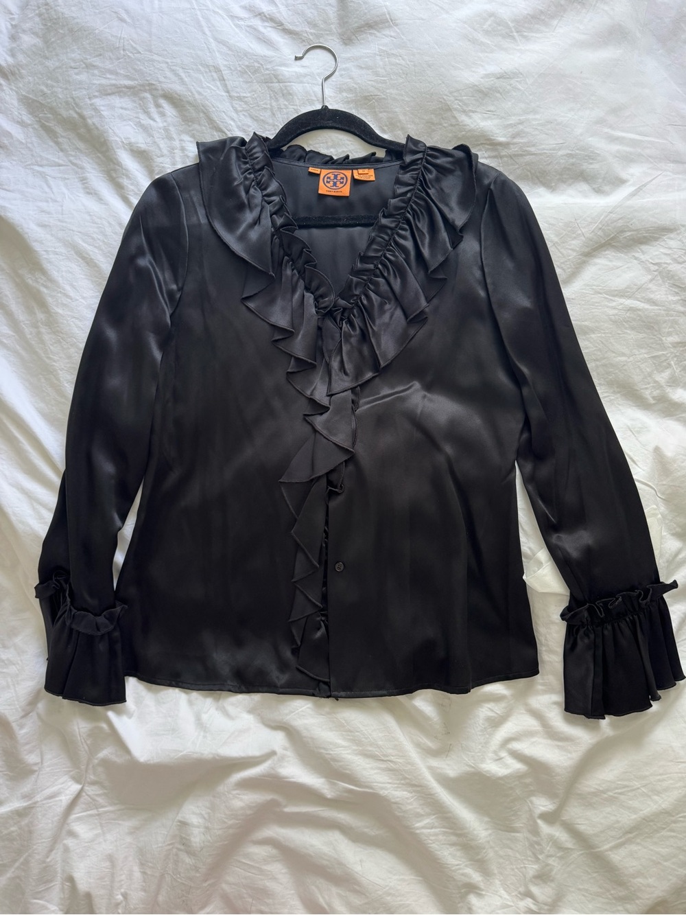 Tory Burch 100% silk Ruffle-Trim Black Blouse - Size 10